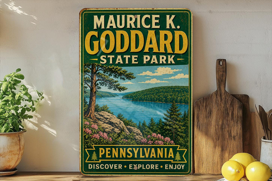A vintage-style sign for Maurice K. Goddard State Park in Pennsylvania, featuring a scenic landscape with a lake and mountains.