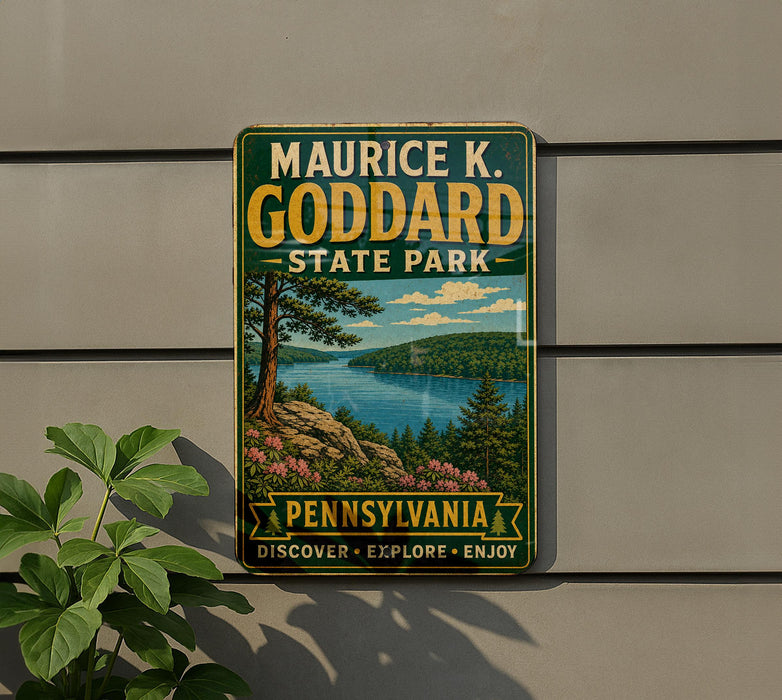 A vintage-style metal sign for Maurice K. Goddard State Park in Pennsylvania, featuring a scenic landscape with a lake, mountains, and trees.