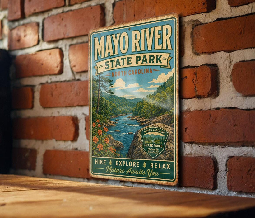 A vintage-style metal sign for Mayo River State Park in North Carolina, featuring a scenic illustration of the park's natural surroundings.