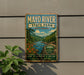 A vintage-style metal sign for Mayo River State Park, featuring a scenic landscape with a river, mountains, and trees.
