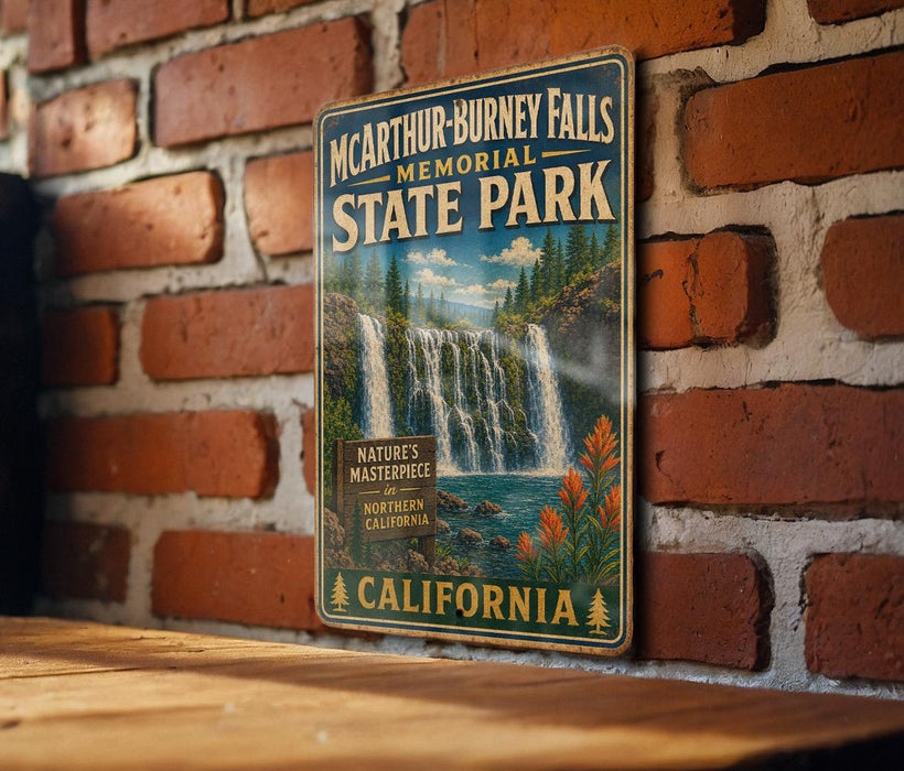 A vintage-style metal sign for McCarthy-Burney Falls Memorial State Park in Northern California, featuring a waterfall and lush greenery.