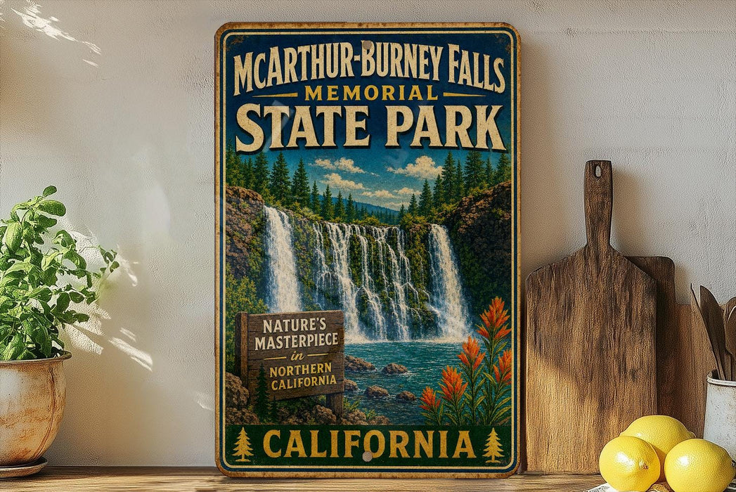 A vintage-style sign for "McArthur-Burney Falls Memorial State Park" in California, featuring a waterfall surrounded by trees and flowers.