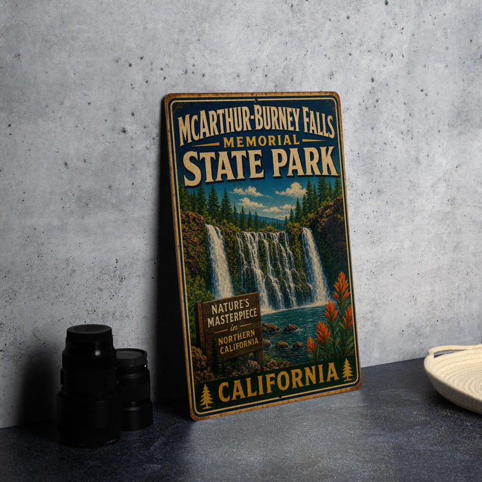 A vintage-style metal sign for the McArthur-Burney Falls Memorial State Park in California, featuring a waterfall and forest scenery.