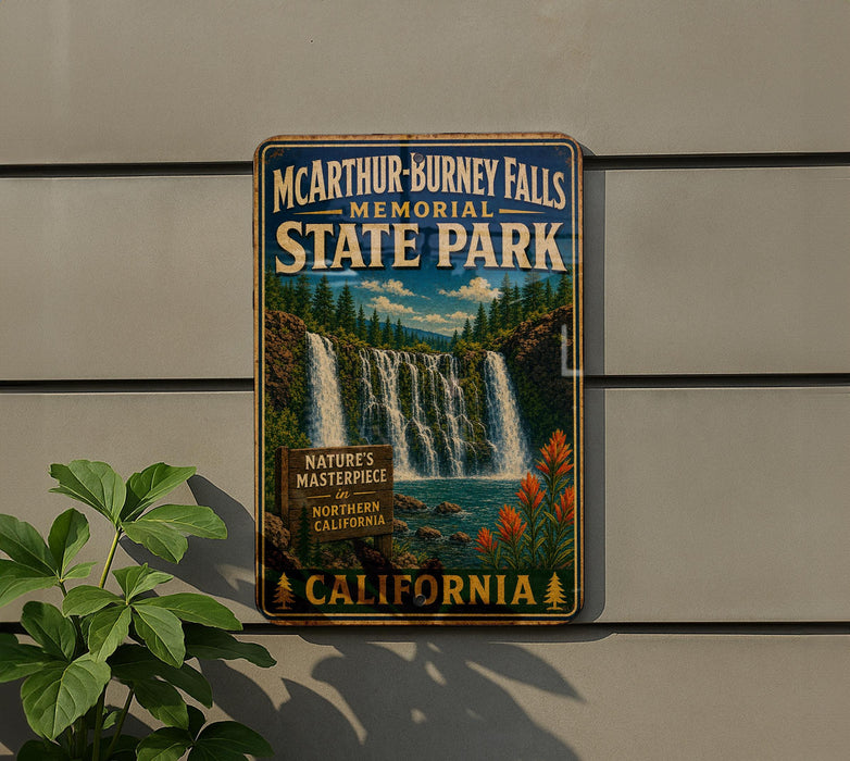 A metal sign for McCarthy Burney Falls Memorial State Park, featuring a scenic image of the waterfall and surrounding landscape.