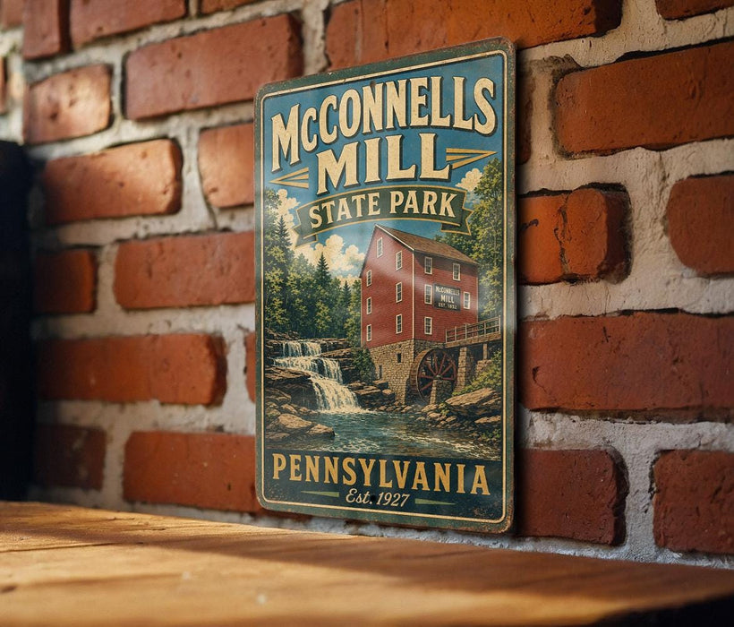A vintage metal sign for McConnells Mill State Park in Pennsylvania, featuring a red brick wall and a waterfall in the background.
