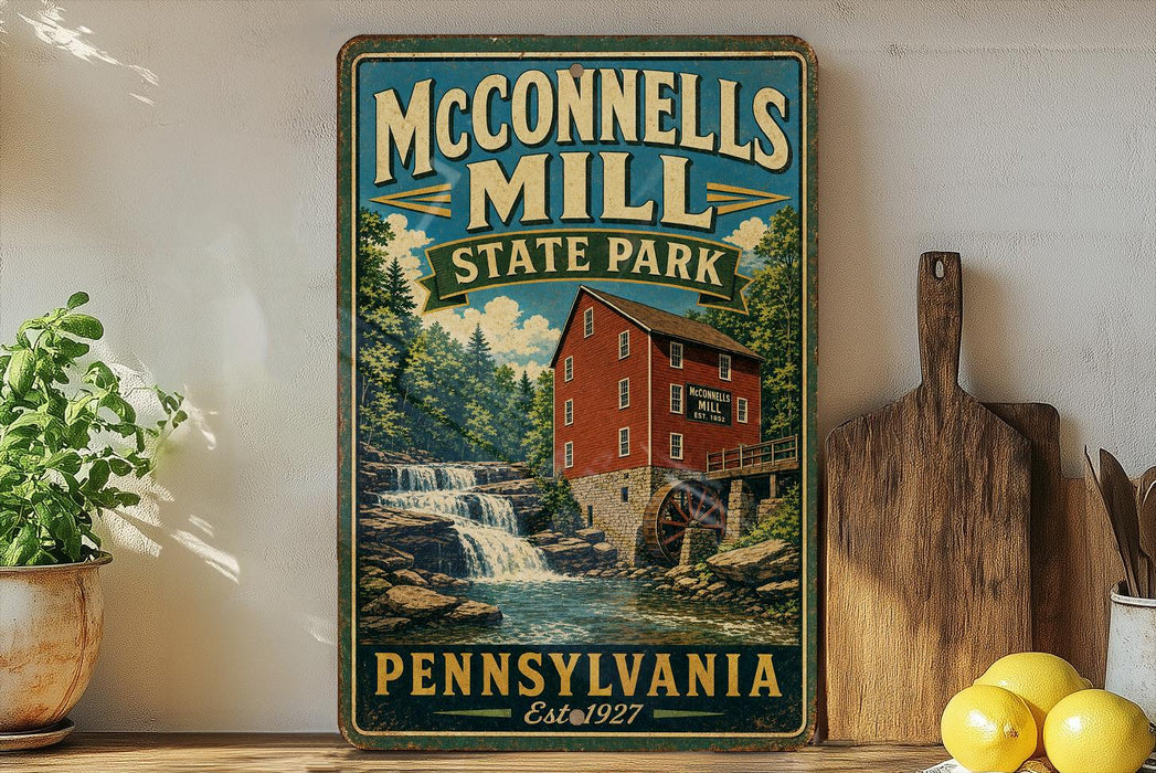 A vintage-style sign for McConnells Mill State Park in Pennsylvania, featuring a red brick building with a watermill and a waterfall.