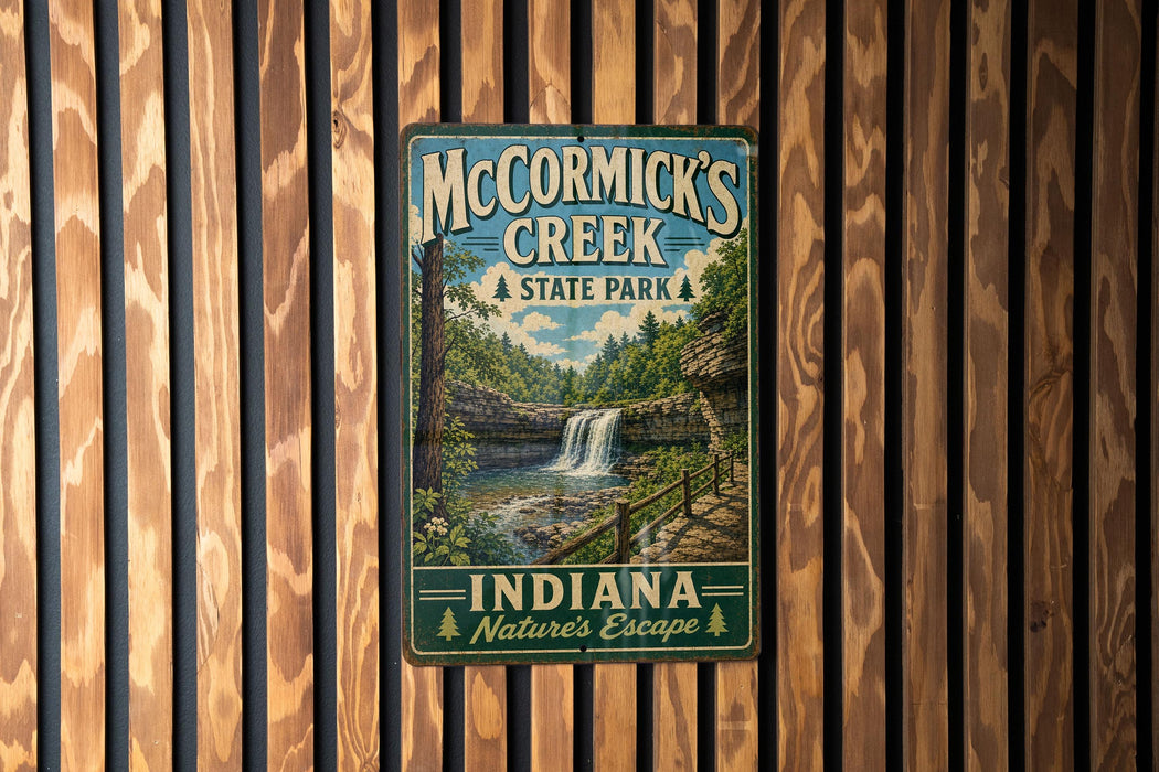 A vintage-style metal sign for McCormick's Creek State Park in Indiana, featuring a scenic image of a waterfall surrounded by lush greenery.