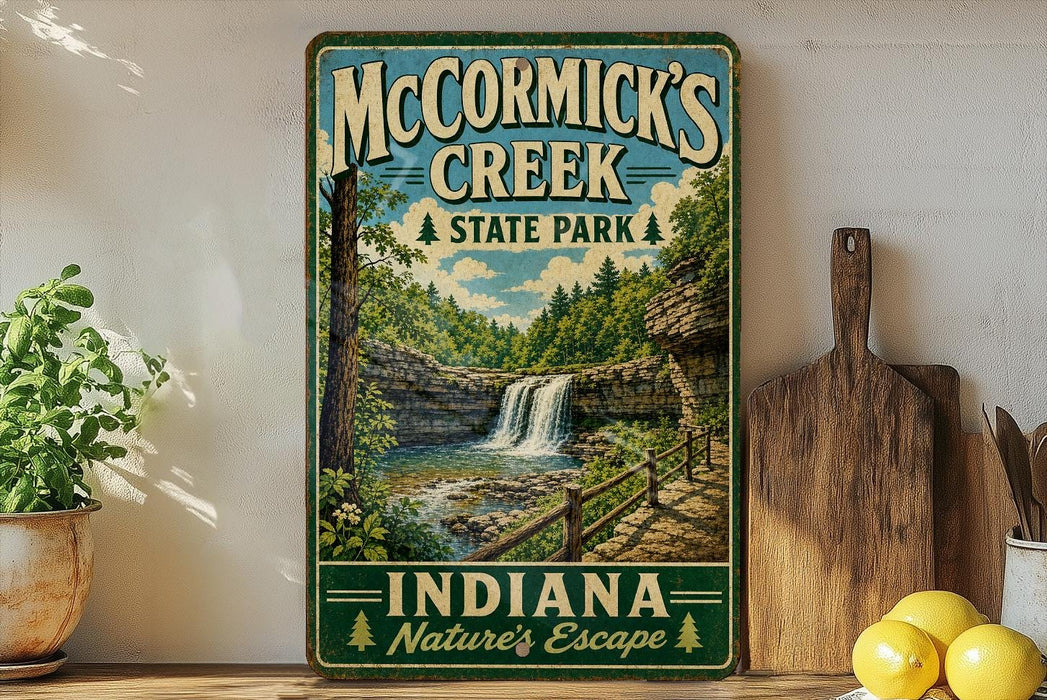 A vintage-style sign for McCormick's Creek State Park in Indiana, featuring a scenic image of a waterfall surrounded by lush greenery.
