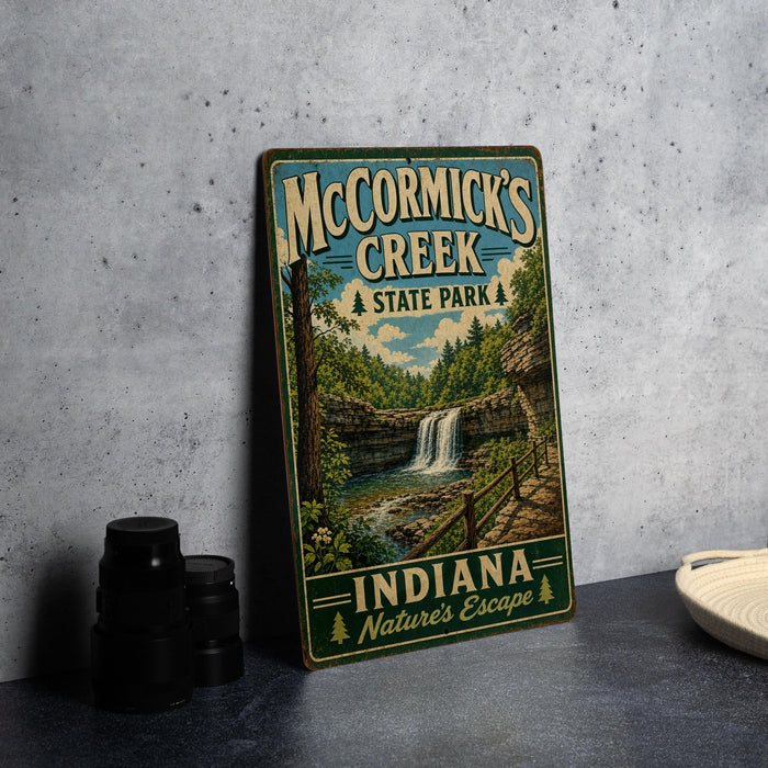 A vintage-style metal sign for McCormick's Creek State Park in Indiana, featuring a scenic illustration of the creek and waterfall.