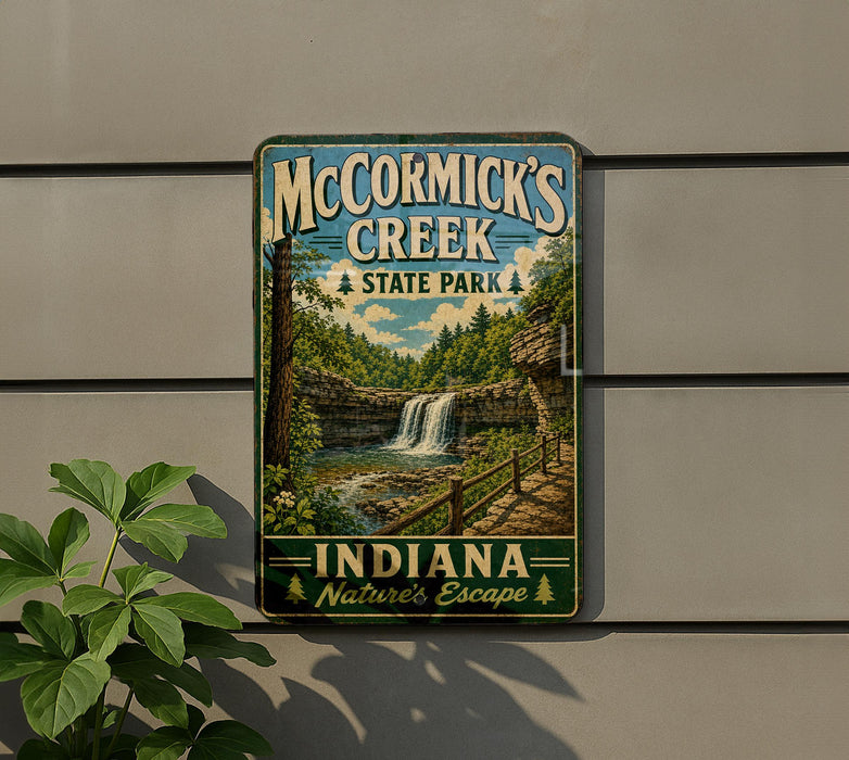 A vintage-style metal sign for McCormick's Creek State Park, featuring a scenic image of the park's waterfall and forest.