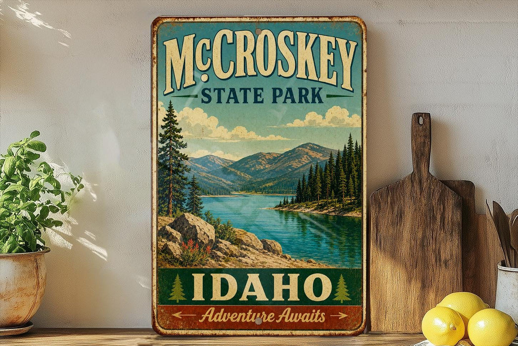 A vintage-style metal sign for McCroskey State Park in Idaho, featuring a scenic landscape with mountains, pine trees, and a lake.
