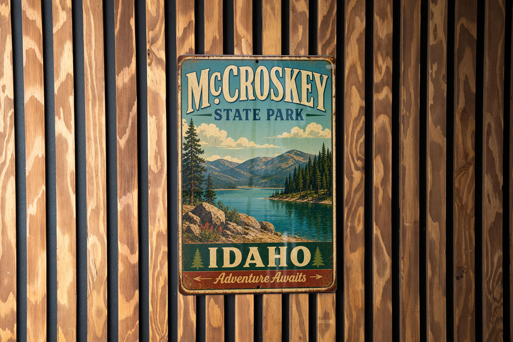 A vintage metal sign for McCroskey State Park in Idaho, featuring a scenic landscape with mountains, trees, and a lake.