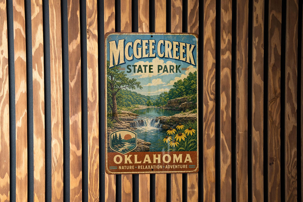 A vintage metal sign for McChee Creek State Park in Oklahoma, featuring a scenic landscape with a waterfall and flowers.