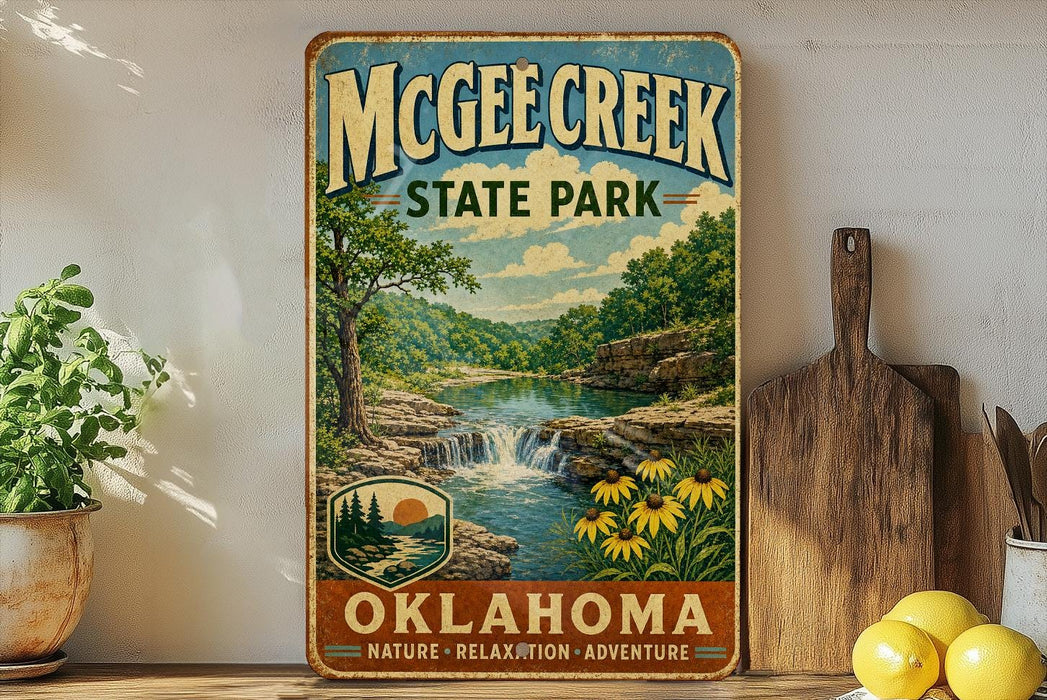 A vintage-style sign for McChee Creek State Park in Oklahoma, featuring a scenic landscape with a waterfall and flowers.