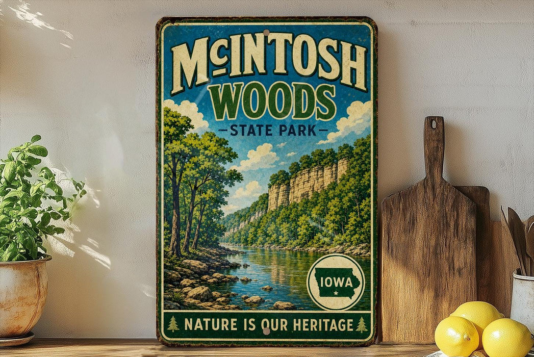 A vintage-style sign for Mcintosh Woods State Park in Iowa, featuring a scenic landscape with a river and forest.