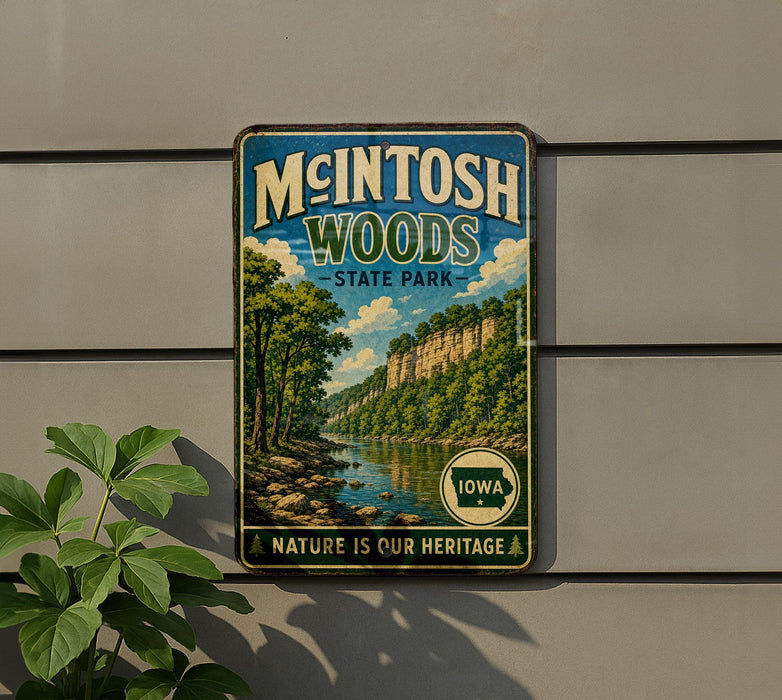 A vintage-style metal sign for McIntosh Woods State Park in Iowa, featuring a scenic landscape with a river and lush greenery.