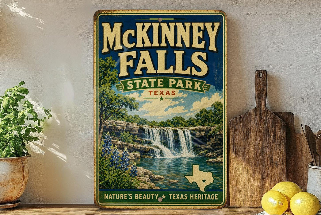 A vintage-style sign for McKinney Falls State Park in Texas, featuring a scenic illustration of a waterfall surrounded by lush greenery.
