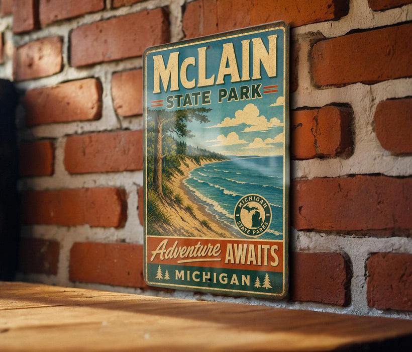 A vintage-style metal sign for Michigan State Park hangs on a brick wall, featuring a scenic image of a beach and mountains.