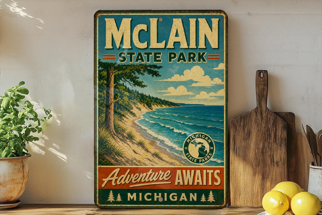 A vintage-style metal sign for Michigan State Park, featuring a scenic landscape with a beach, mountains, and a lake.