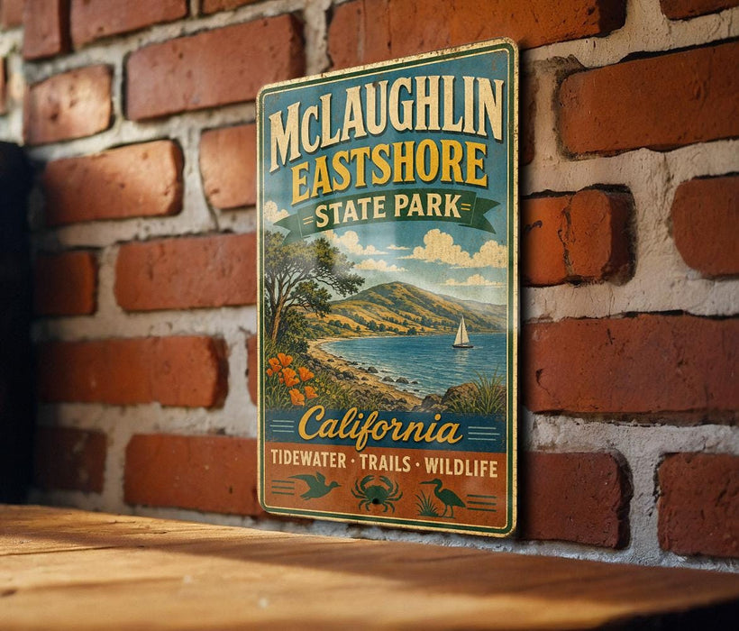 A vintage-style metal sign for McLaughlin Eastshore State Park, featuring a scenic landscape with a sailboat on the water and a mountain in the background.