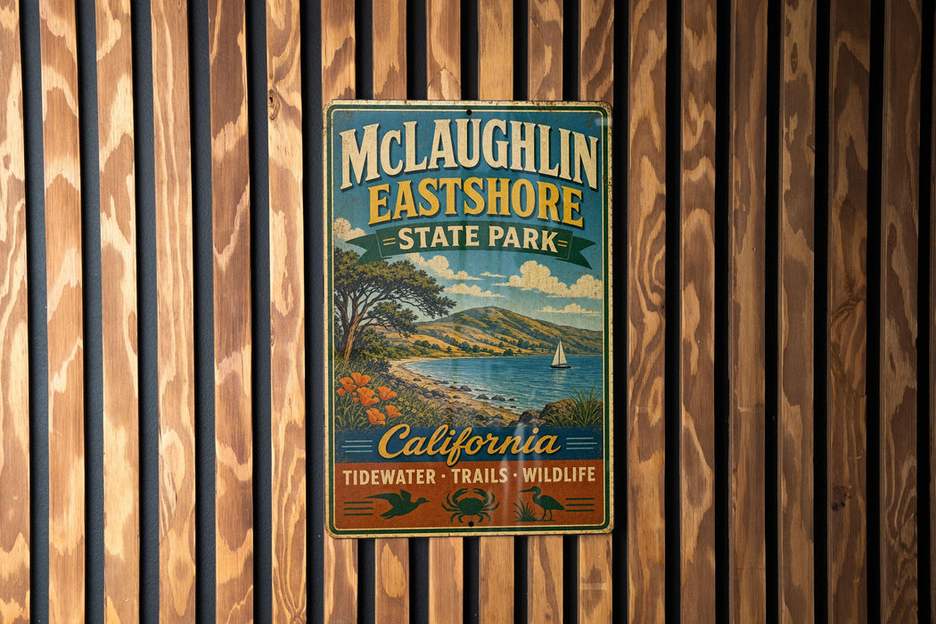 A vintage-style metal sign for McLaughlin Eastshore State Park, featuring a scenic landscape with a lake, mountains, and a sailboat.