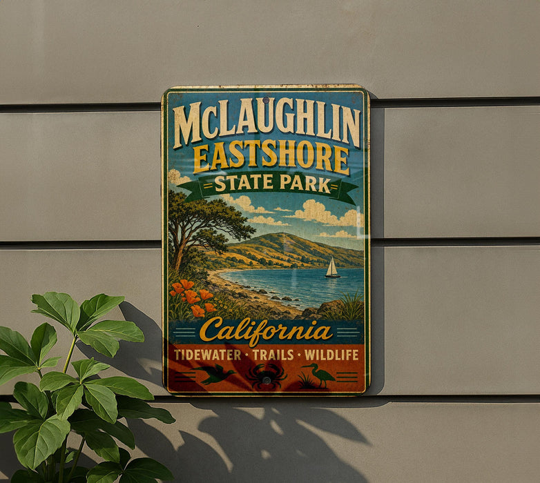 A vintage-style metal sign for McLaughlin Eastshore State Park, featuring a scenic landscape with a sailboat, mountains, and a beach.