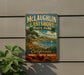 A vintage-style metal sign for McLaughlin Eastshore State Park, featuring a scenic landscape with a sailboat, mountains, and a beach.