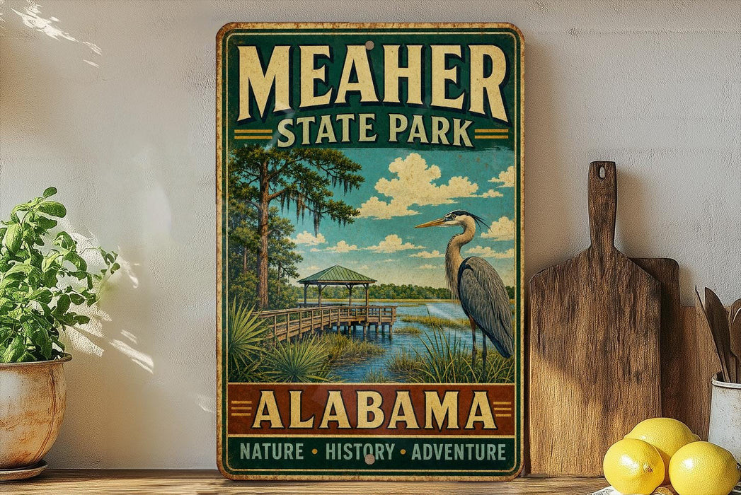 A vintage-style metal sign for Meacher State Park in Alabama, featuring a scenic illustration of a bird, a wooden dock, and a lake.