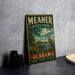 A vintage-style metal sign for Meacher State Park in Alabama, featuring a scenic illustration of a bird and a wooden dock.