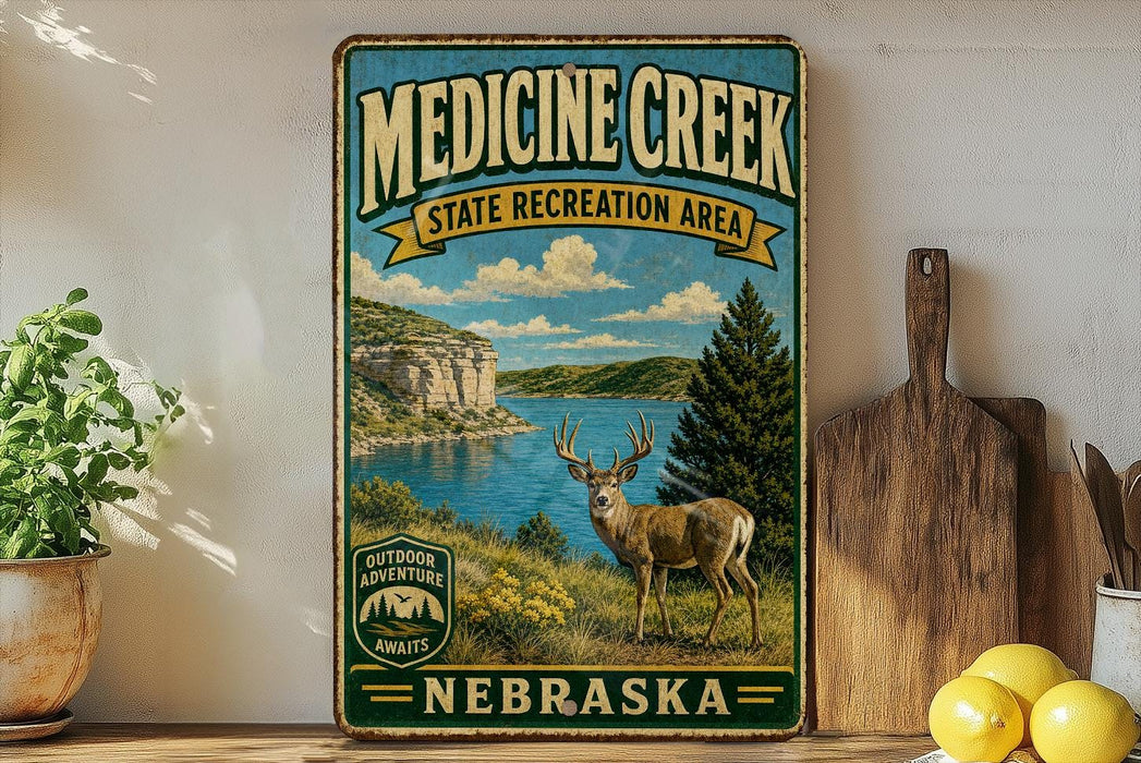 a vintage-style sign for Medicine Creek State Recreation Area in Nebraska, with a scenic landscape of mountains, a lake, and a deer in the foreground.