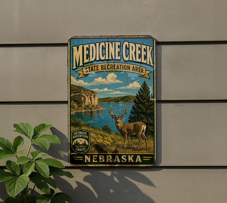A metal sign with a scenic illustration of Medicine Creek, a state recreation area in Nebraska, featuring a deer in the foreground and a lake in the background.