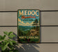 A vintage metal sign for Medoc Mountain State Park in North Carolina, featuring a scenic mountain landscape with pine trees and a river.