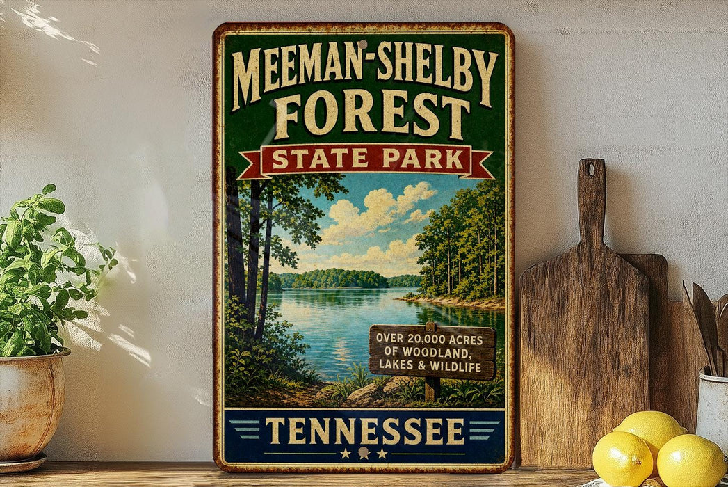 A vintage-style sign for Meeman-Shelby Forest State Park in Tennessee, featuring a scenic landscape with a lake and trees.