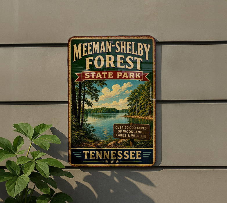 A vintage-style metal sign for Meeman-Shelby Forest State Park in Tennessee, featuring a scenic landscape with a lake and trees.