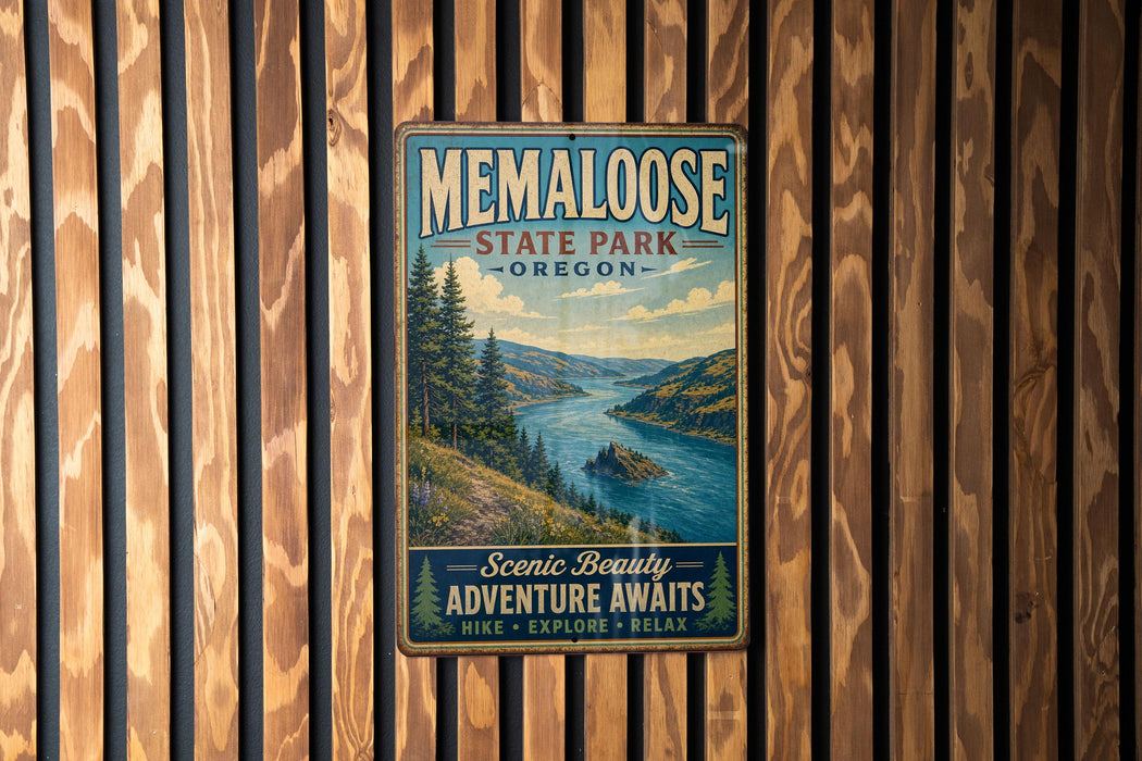 A vintage-style metal sign for Memalose State Park, Oregon, featuring a scenic landscape with a river and mountains.