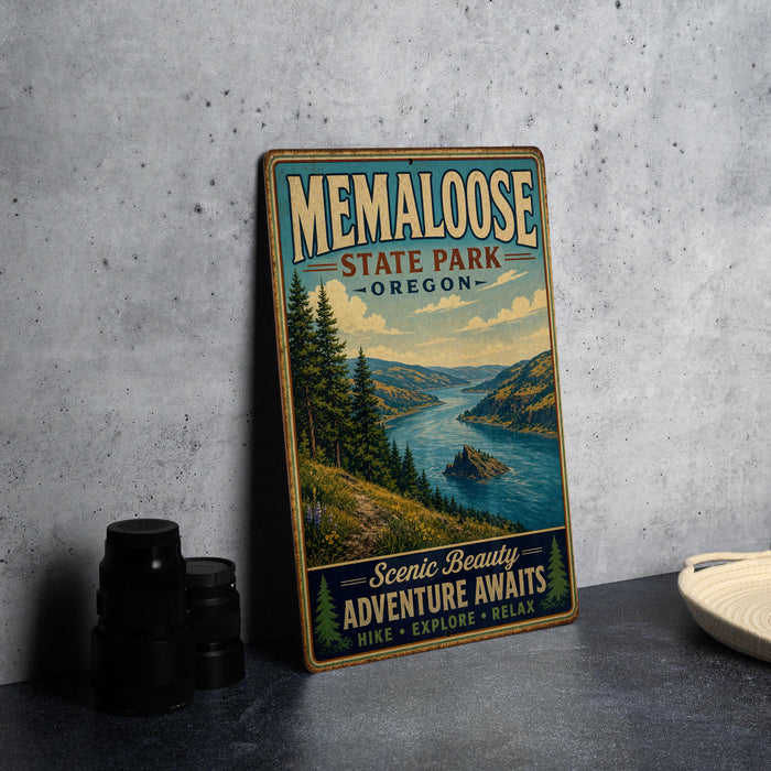 A vintage-style metal sign for Memalose State Park, Oregon, featuring a scenic landscape with a river and mountains.