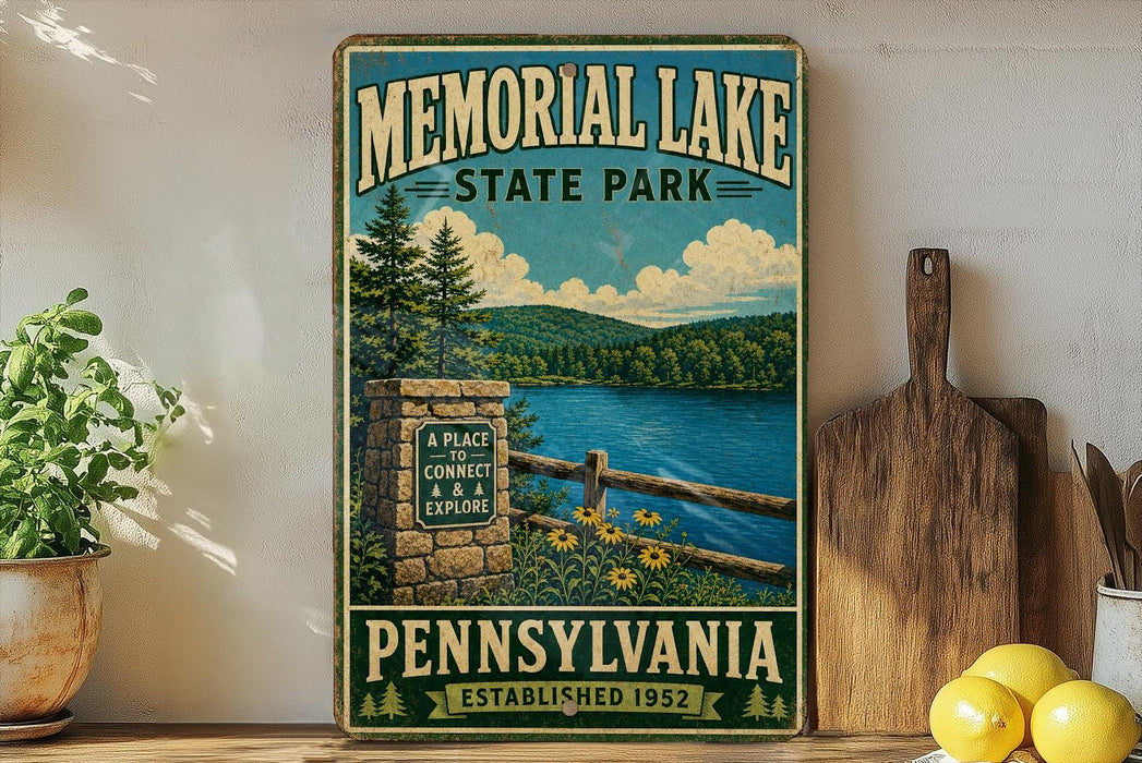 A vintage-style metal sign for Memorial Lake State Park in Pennsylvania, featuring a scenic landscape with a lake, mountains, and a stone wall.