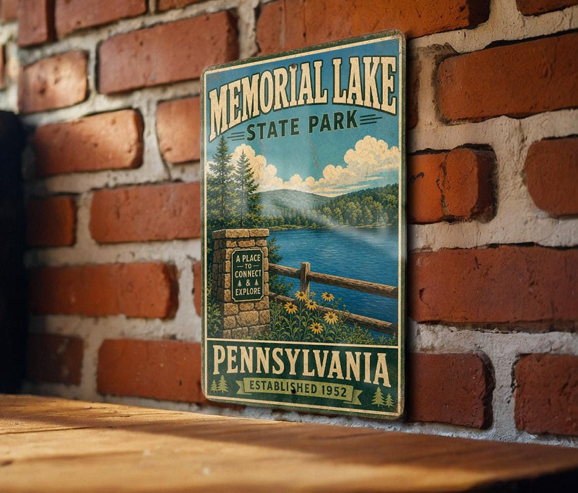 A vintage metal sign for Memorial Lake State Park in Pennsylvania, featuring a scenic illustration of the park's lake and surrounding landscape.
