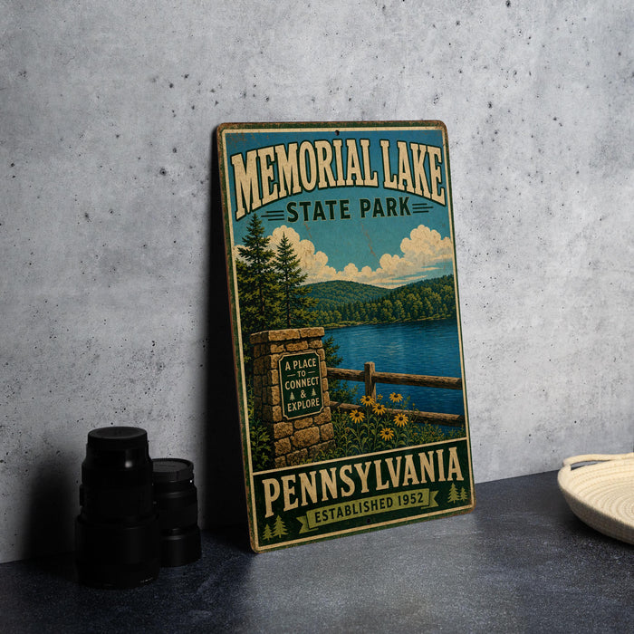 A vintage metal sign for Memorial Lake State Park in Pennsylvania, featuring a scenic illustration of the park and its surroundings.