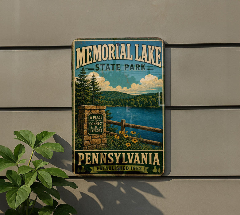 A metal sign for Memorial Lake State Park in Pennsylvania, featuring a scenic landscape with a lake, mountains, and a stone wall.
