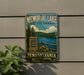 A metal sign for Memorial Lake State Park in Pennsylvania, featuring a scenic landscape with a lake, mountains, and a stone wall.
