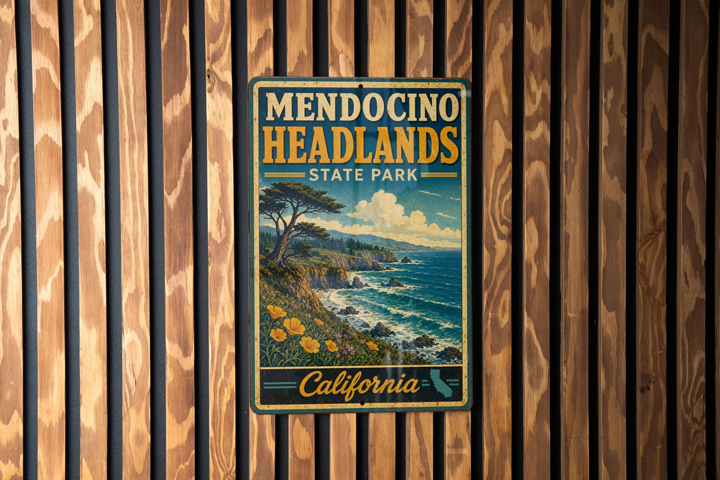 A vintage-style metal sign for Mendo Cino Headlands State Park in California, featuring a scenic landscape with a coastal cliff and ocean.