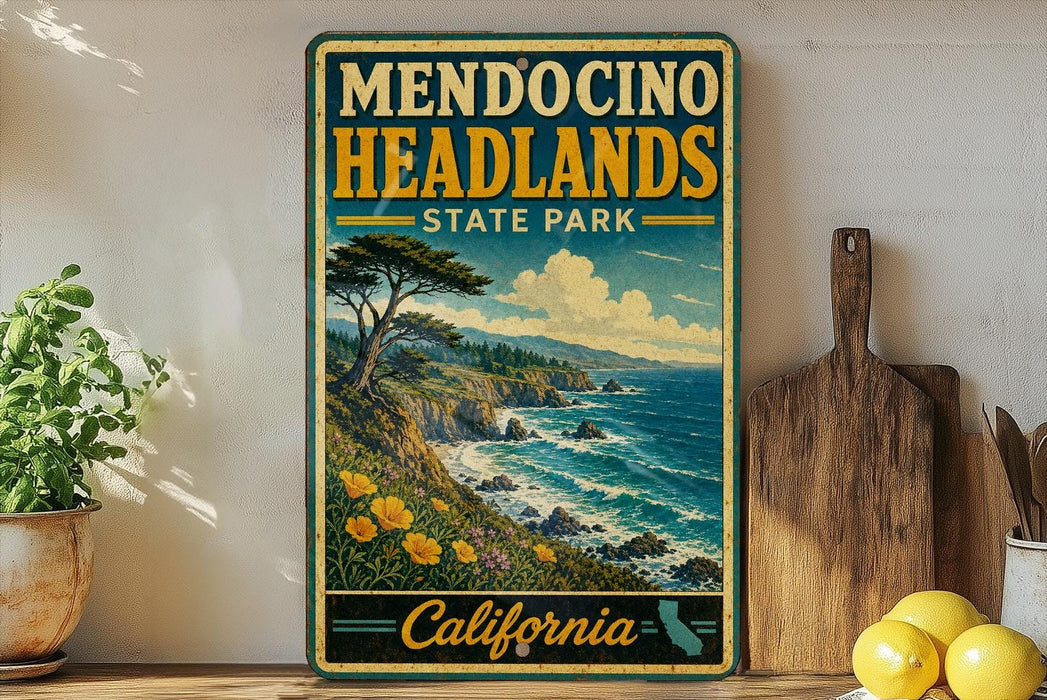 A vintage-style poster of Mendocino Headlands State Park in California, featuring a scenic coastal landscape with a pine tree and ocean waves.