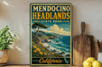 A vintage-style poster of Mendocino Headlands State Park in California, featuring a scenic coastal landscape with a pine tree and ocean waves.