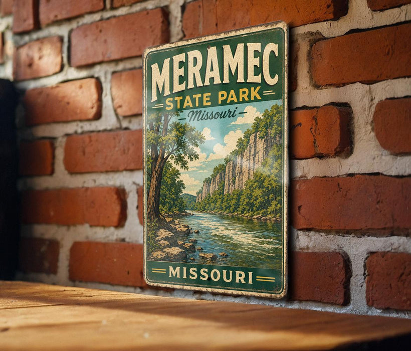 A vintage-style sign for Meramec State Park in Missouri, featuring a scenic illustration of a river and mountains.