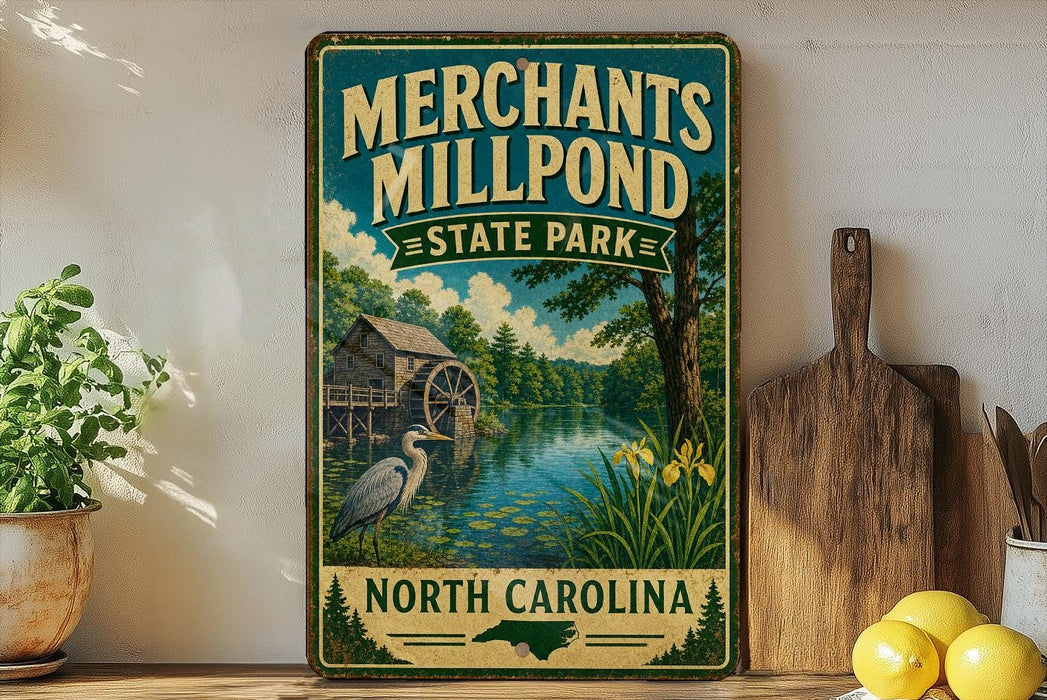 A vintage-style sign for "Merchants Mill Pond State Park" in North Carolina, featuring a scenic illustration of a mill pond surrounded by trees and wildlife.