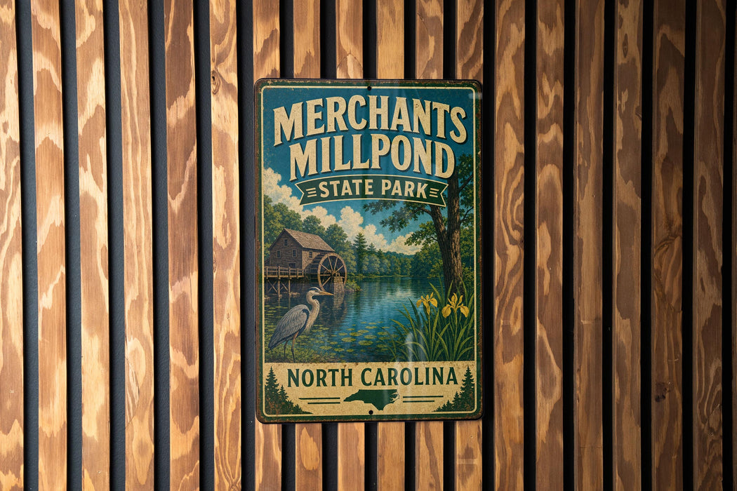 A vintage-style metal sign for "Merchants Mill Pond State Park" in North Carolina, featuring a wooden fence and a scenic landscape.
