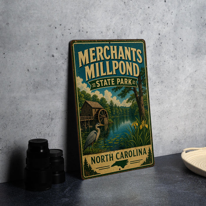 A vintage-style metal sign for "Merchants Mill Pond State Park" in North Carolina, featuring a scenic illustration of a mill pond, a bird, and a tree.