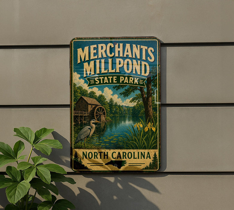 A vintage-style metal sign for Merchant's Mill Pond State Park in North Carolina, featuring a scenic illustration of a mill pond surrounded by trees and wildlife.