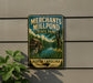 A vintage-style metal sign for Merchant's Mill Pond State Park in North Carolina, featuring a scenic illustration of a mill pond surrounded by trees and wildlife.